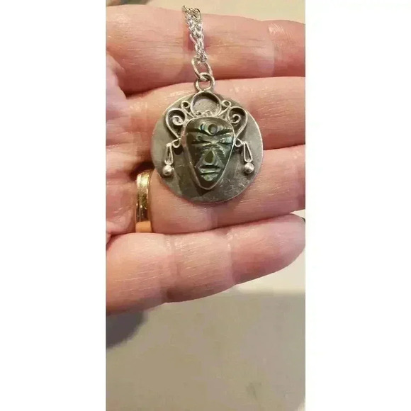 TAXCO MEXICO Carved Abalone Warrior Aztec Face SIGNED Sterling Silver Pendant - Picture 5 of 10